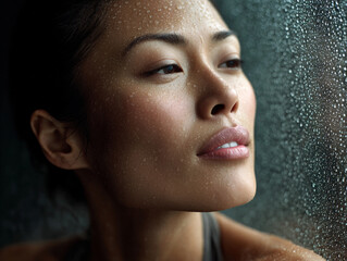 Asian woman mid-facial steaming, condensation on glass