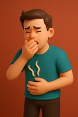 3D cartoon boy with hand over mouth stomach pain symbol and worried expression on orange background