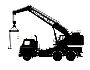 Silhouette of a heavy-duty truck crane, side view, dark background.  