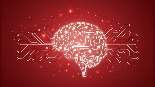 Glowing brain illustration with circuit board connections on a red colored background design art