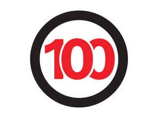 A red 100 in a black circle isolated on white background sign