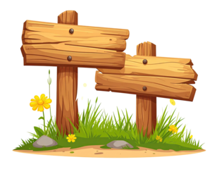 Two rustic wooden signs, supported by posts, sit in a grassy area
