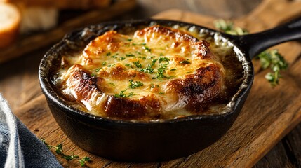 French onion soup in cast iron skillet, rustic wooden table, cozy winter vibe