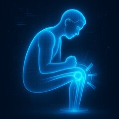 Futuristic blue hologram of a person sitting with knees bent focusing on joint