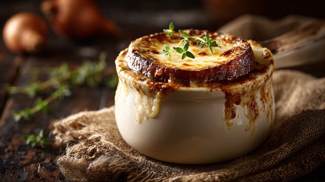 French onion soup in enamel crock, burlap cloth, rustic farmhouse mood