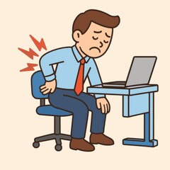 Cartoon man with back pain sitting at a desk with a laptop experiencing discomfort