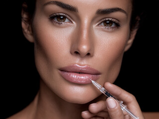 Close-up of collagen being injected into lips, dramatic and sharp image