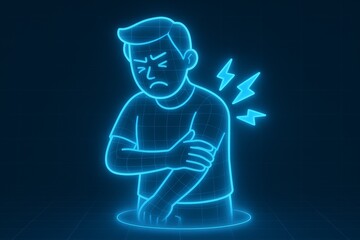 Blue neon wireframe man clutching arm in pain with lightning bolt pain indicators