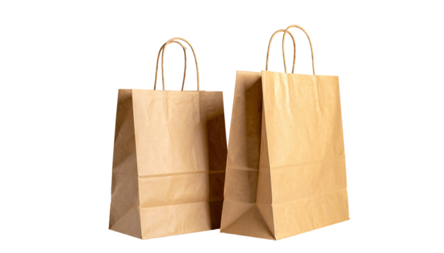 Two kraft paper shopping bags, light tan color, with simple handles