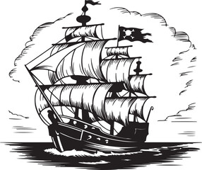 Engraved Pirate Ship Illustration Sailing Vessel Nautical Adventure Maritime History Seafaring