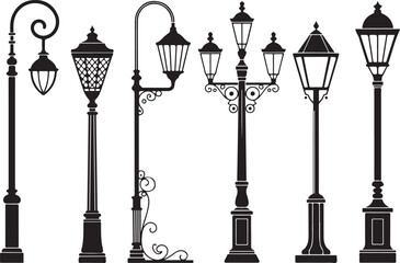 Elegant Street Lamp Collection Silhouette Vector Illustration Urban Lighting Fixtures Set