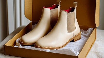 A pair of stylish beige chelsea boots in a cardboard box, featuring a sleek design and contrasting red lining, placed on crumpled white tissue paper