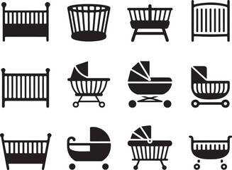 Collection of Baby Crib and Stroller Silhouettes for Nursery and Infant Concepts with Various Styles