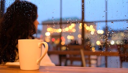 Woman Enjoying a Warm Drink by the Window with City Lights in the Background