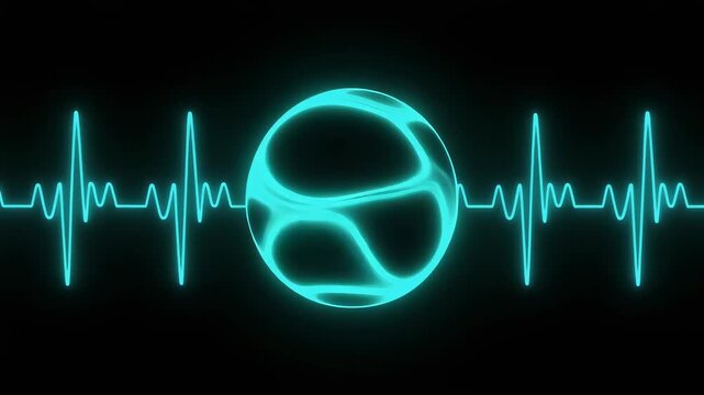 Futuristic neon sphere with digital heartbeat waveform on dark background - Powered by Adobe
