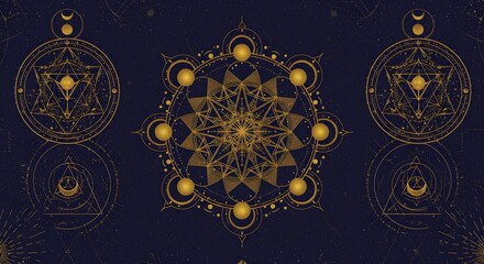 Mystical Geometric Symbols and Sacred Geometry Design on a Dark Blue Background