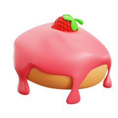 Strawberry Glazed Donut in 3D Render on Transparent Background Featuring Sweet Treat with Dripping Pink Icing and Strawberry Topping Confectionery Dessert