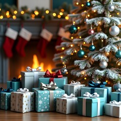 Cozy Christmas living room with decorated tree gifts and fireplace holiday celebration background - Christmas gifts Image