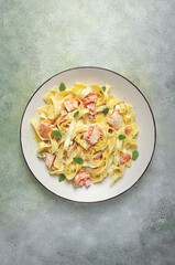 tagliatelle pasta, in cream sauce with salmon, homemade, no people,