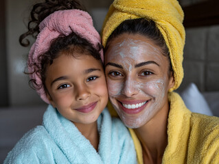 Mom and daughter doing spa day at home, colorful robes and face masks 
