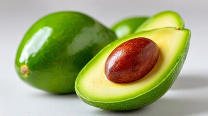 Fresh avocados, one cut in half showing the seed, on a light background