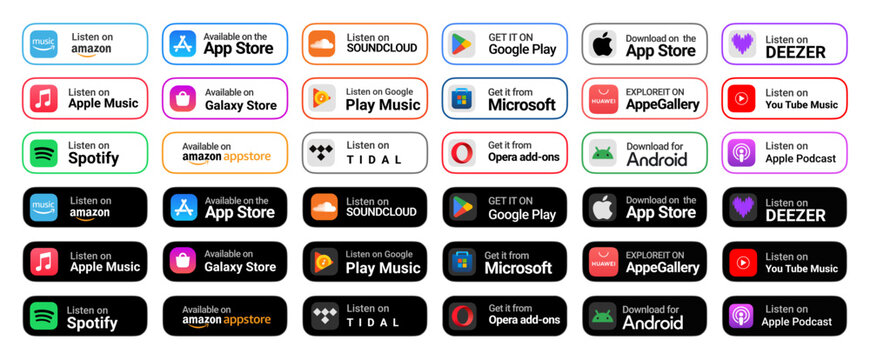 Popular music streaming platforms with listening and download badges. Set of app store buttons including App Store, Google Play, Microsoft Store, Huawei Store, and Amazon Store.