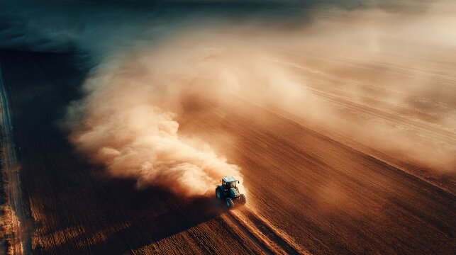 Aerial view of tractor plowing field creating dust clouds in agricultural landscape