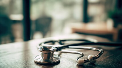 Close up of a stethoscope on a wooden table in a softly lit environment