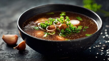 Soup styled with garlic cloves and onion rings, dark rustic surface