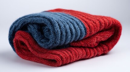 Cozy rolled knitted blanket in red and blue colors showcasing soft texture and warmth