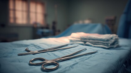 Surgical tools prepared on a clean operating table with soft lighting