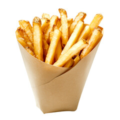 Crispy Golden French Fries in a Paper Cone on a White Background