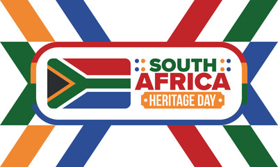 Fototapeta premium South Africa Heritage Day. Happy holiday. Celebrate culture and traditions of nation. South African flag. Poster with illustration. Pattern design. Vector