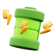 Three Dimensional Green Battery with Yellow Lightning Bolts on Transparent Background