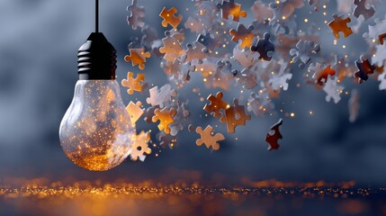 A glowing light bulb surrounded by floating puzzle pieces, creating a magical and creative atmosphere