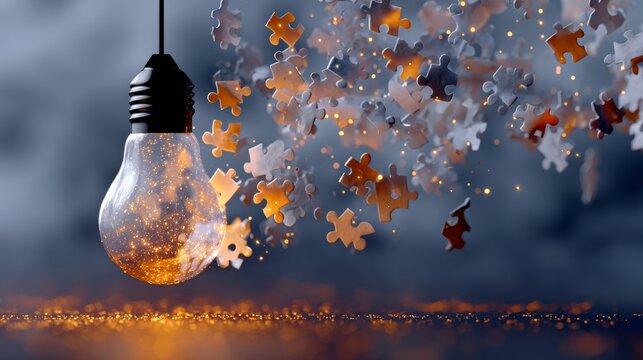 A glowing light bulb surrounded by floating puzzle pieces, creating a magical and creative atmosphere - Powered by Adobe