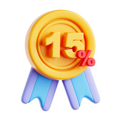 Three Dimensional Golden Medal with Fifteen Percent Discount Isolated on Transparent Background