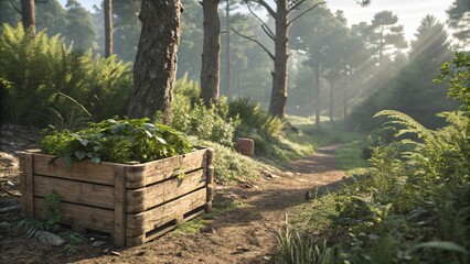 Wooden crate filled with lush green plants sits beside a forest path, bathed in soft sunlight filtering through the trees, creating a serene scene