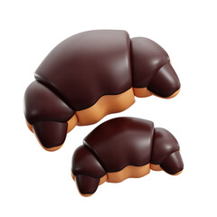 Two Glossy Chocolate Croissants Isolated on Transparent Background Rendering Food Sweet Dessert Pastry Brown Filling Bakery Confection Culinary Treat