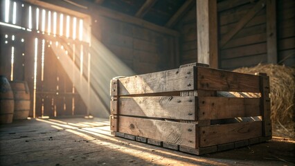 Sunlight streams into an old barn, illuminating a weathered wooden crate, hay bales, and barrels, creating a rustic and nostalgic scene