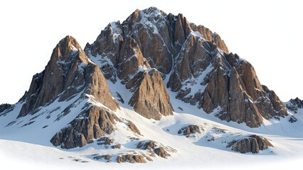 Majestic mountain peak covered in snow, isolated on white background, showcasing rugged terrain and natural beauty in a pristine environment