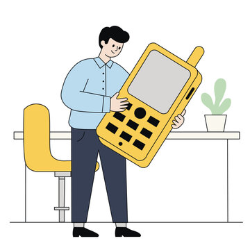 Illustration of a man holding a giant retro mobile phone, funny and nostalgic character design perfect for vintage technology, humor, and communication themes.