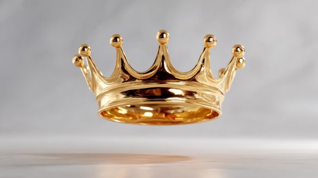 A shiny golden crown with decorative points, floating against a soft gray background