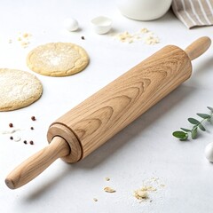 Wooden rolling pin with dough and ingredients isolated on white background, perfect for baking and cooking enthusiasts and culinary projects