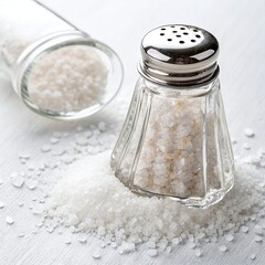 Closeup shot of a salt shaker with salt spilling out onto a white surface, another salt shaker is blurred in the background isolated on white background