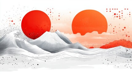 Abstract Landscape with Red Suns and Textured Mountainscape Design