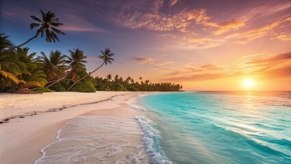 A breathtaking sunset over a tropical beach with palm trees and turquoise water, creating a serene and idyllic scene