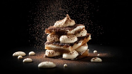 Deconstructed tiramisu plated with cocoa dust and cream dots, matte black background, fine dining style