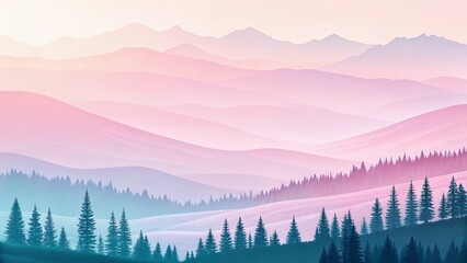 A breathtaking vista of layered mountains unfolds in soft hues of pink and blue, with a dense forest of evergreen trees in the foreground