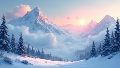 Snowy mountains, pine trees, and clouds at sunrise or sunset. Gentle sky glows pink and blue over serene winter nature scenery. Peaceful fantasy landscape.